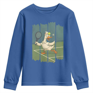 Silly Goose Playing Tennis Youth Sweatshirt Funny Bird Getting Hit By Ball TS12 Royal Blue Print Your Wear