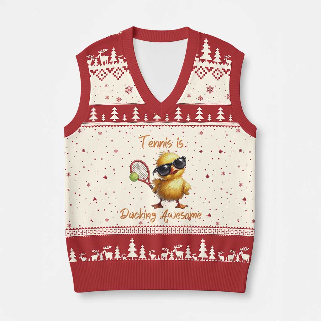 Funny Cute Duck Playing Tennis V-Neck Knit Sweater Vest Ducking Awesome TS12 Beige Red Print Your Wear