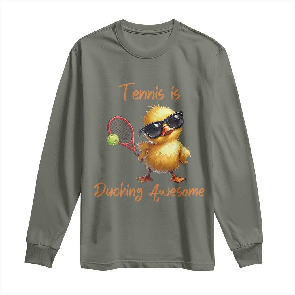Funny Cute Duck Playing Tennis Long Sleeve Shirt Ducking Awesome TS12 Military Green Print Your Wear