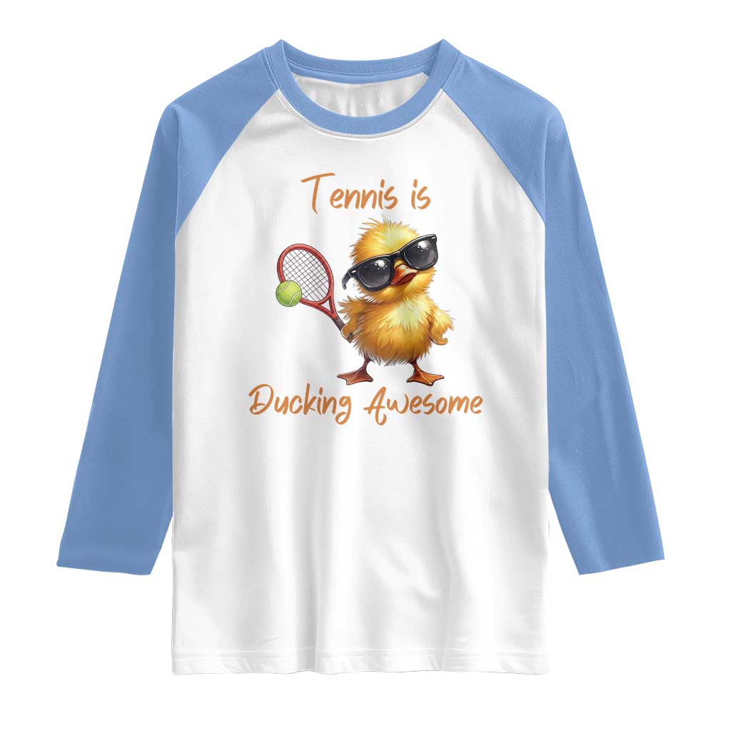 Funny Cute Duck Playing Tennis Raglan Shirt Ducking Awesome TS12 White Carolina Blue Print Your Wear