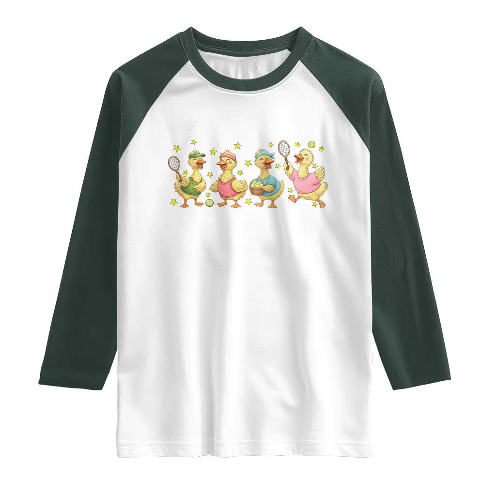 Funny Duck Playing Tennis Raglan Shirt Farm Animal Lover TS12 White Dark Forest Green Print Your Wear