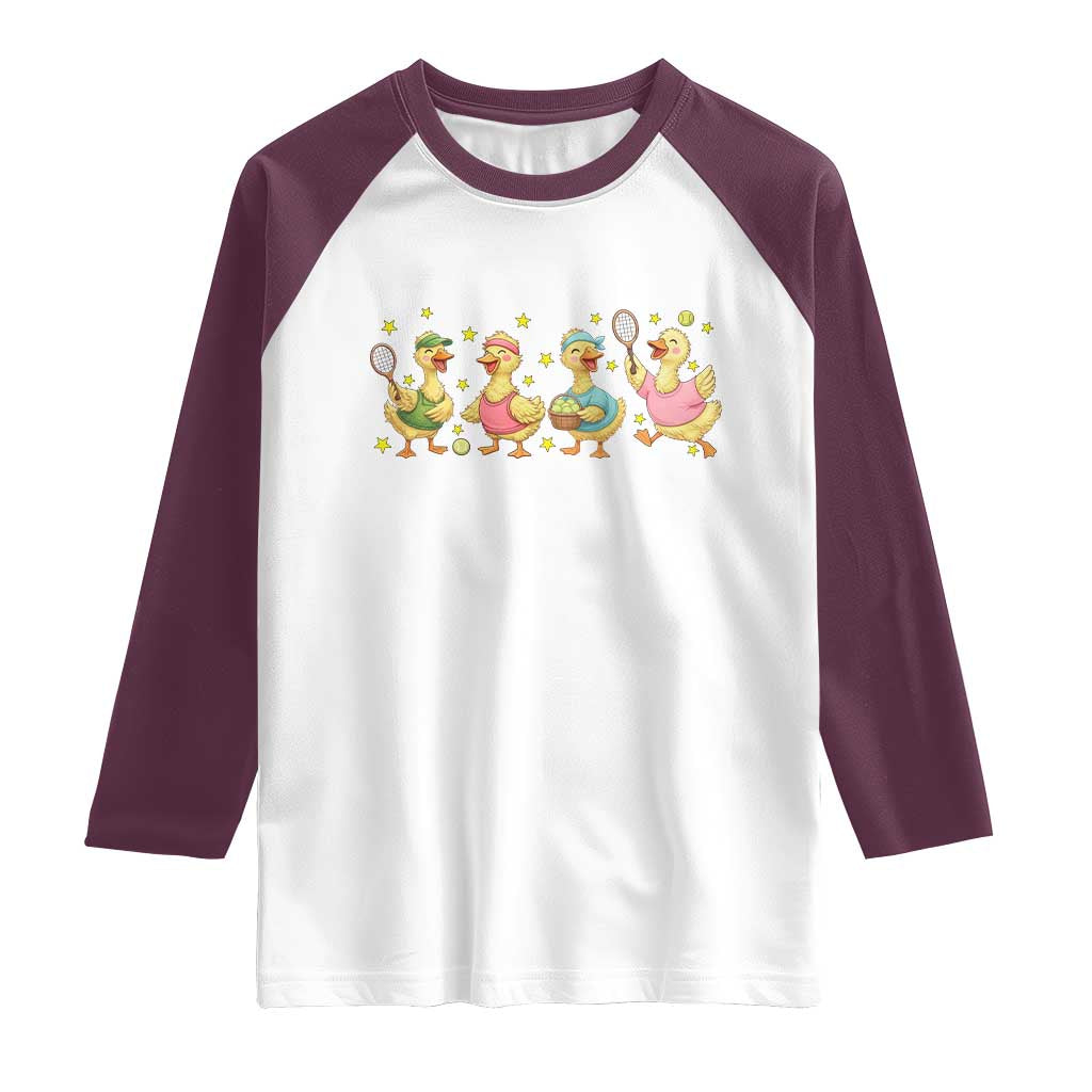 Funny Duck Playing Tennis Raglan Shirt Farm Animal Lover TS12 White Maroon Print Your Wear