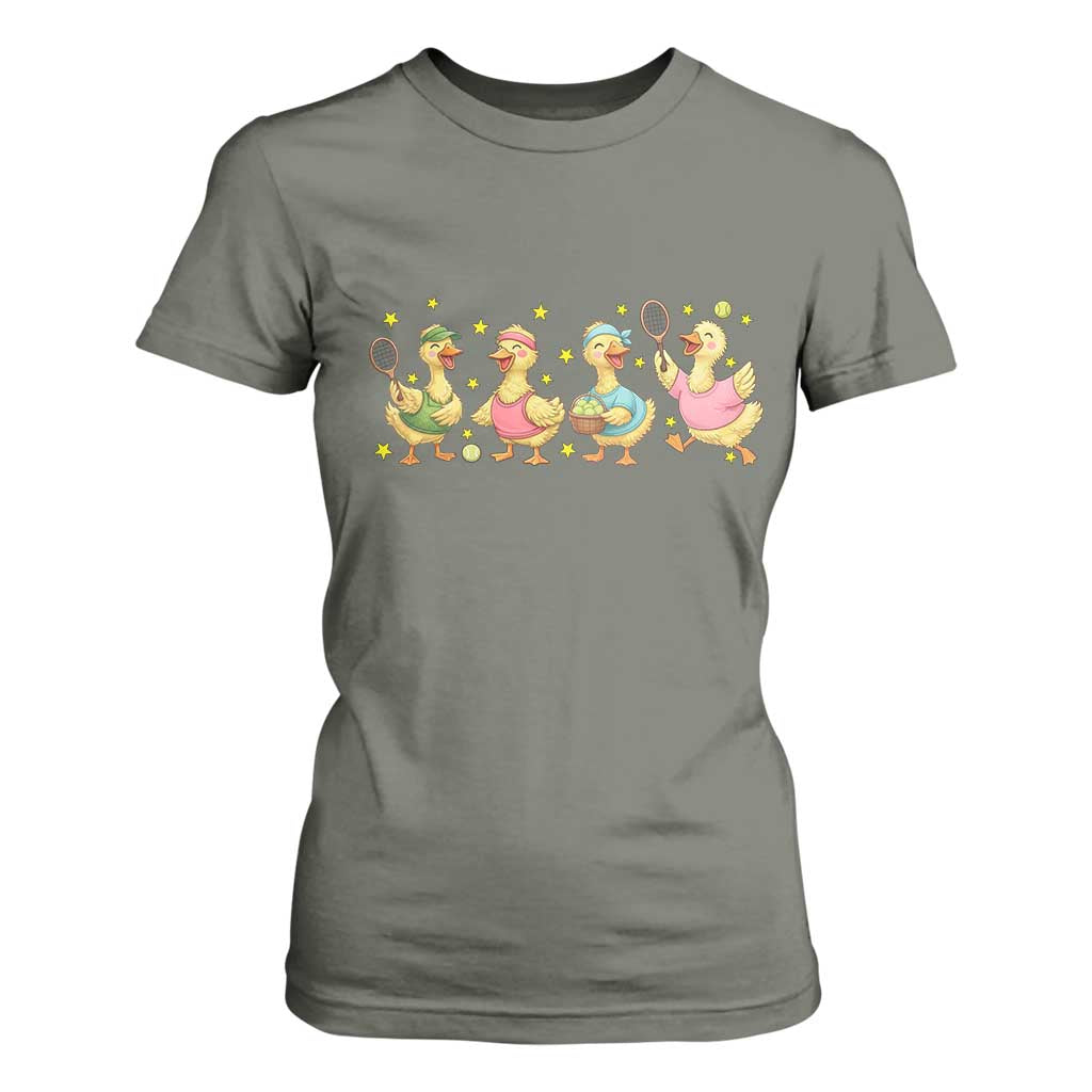 Funny Duck Playing Tennis T Shirt For Women Farm Animal Lover TS12 Military Green Print Your Wear