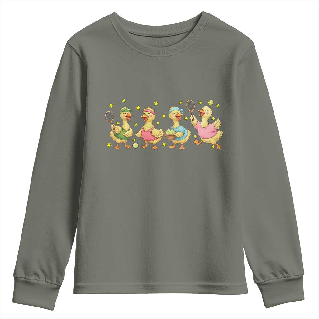 Funny Duck Playing Tennis Youth Sweatshirt Farm Animal Lover TS12 Military Green Print Your Wear