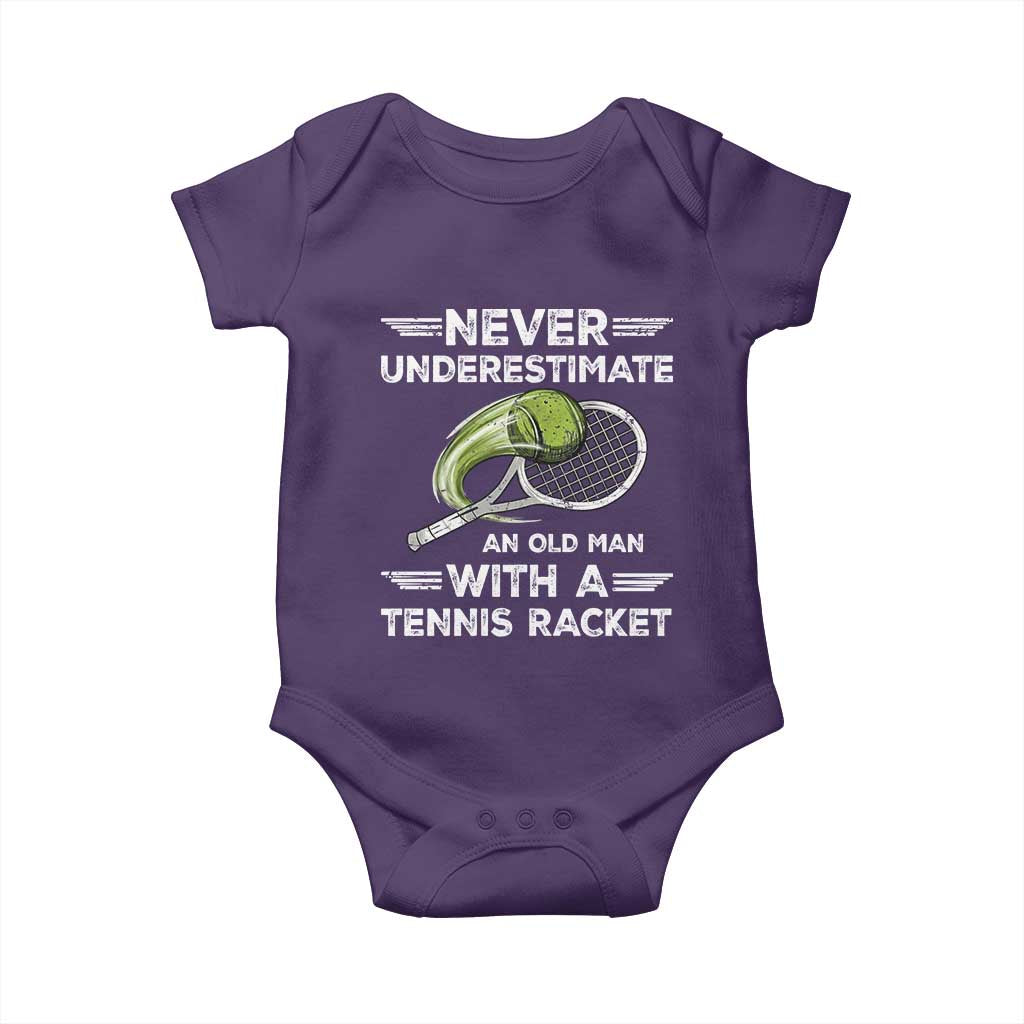 Never Underestimate An Old Man With A Tennis Racket Baby Onesie Funny Tennis Fan TS12 Purple Print Your Wear