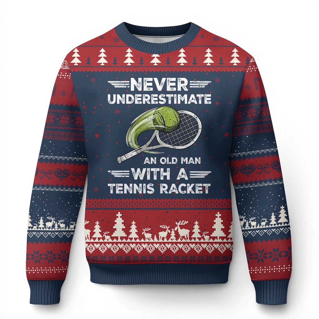 Never Underestimate An Old Man With A Tennis Racket Ugly Christmas Sweater Funny Tennis Fan TS12 Navy Red Print Your Wear