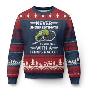 Never Underestimate An Old Man With A Tennis Racket Ugly Christmas Sweater Funny Tennis Fan TS12 Navy Red Print Your Wear