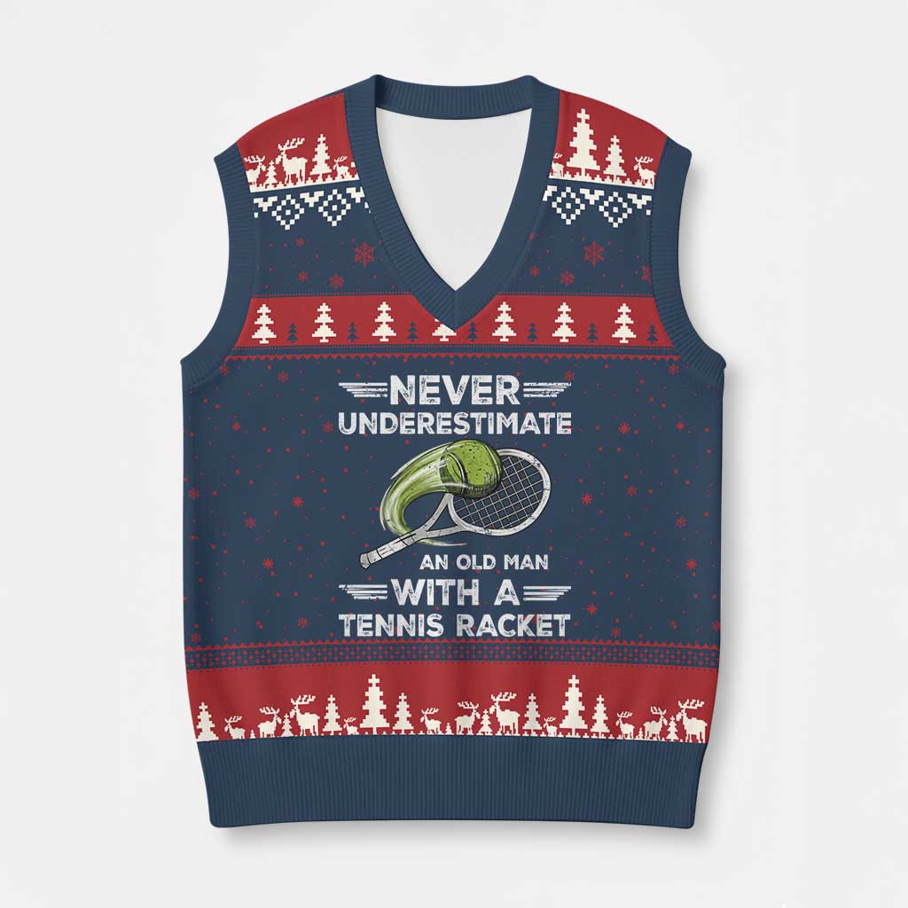 Never Underestimate An Old Man With A Tennis Racket V-Neck Knit Sweater Vest Funny Tennis Fan TS12 Navy Red Print Your Wear
