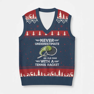 Never Underestimate An Old Man With A Tennis Racket V-Neck Knit Sweater Vest Funny Tennis Fan TS12 Navy Red Print Your Wear