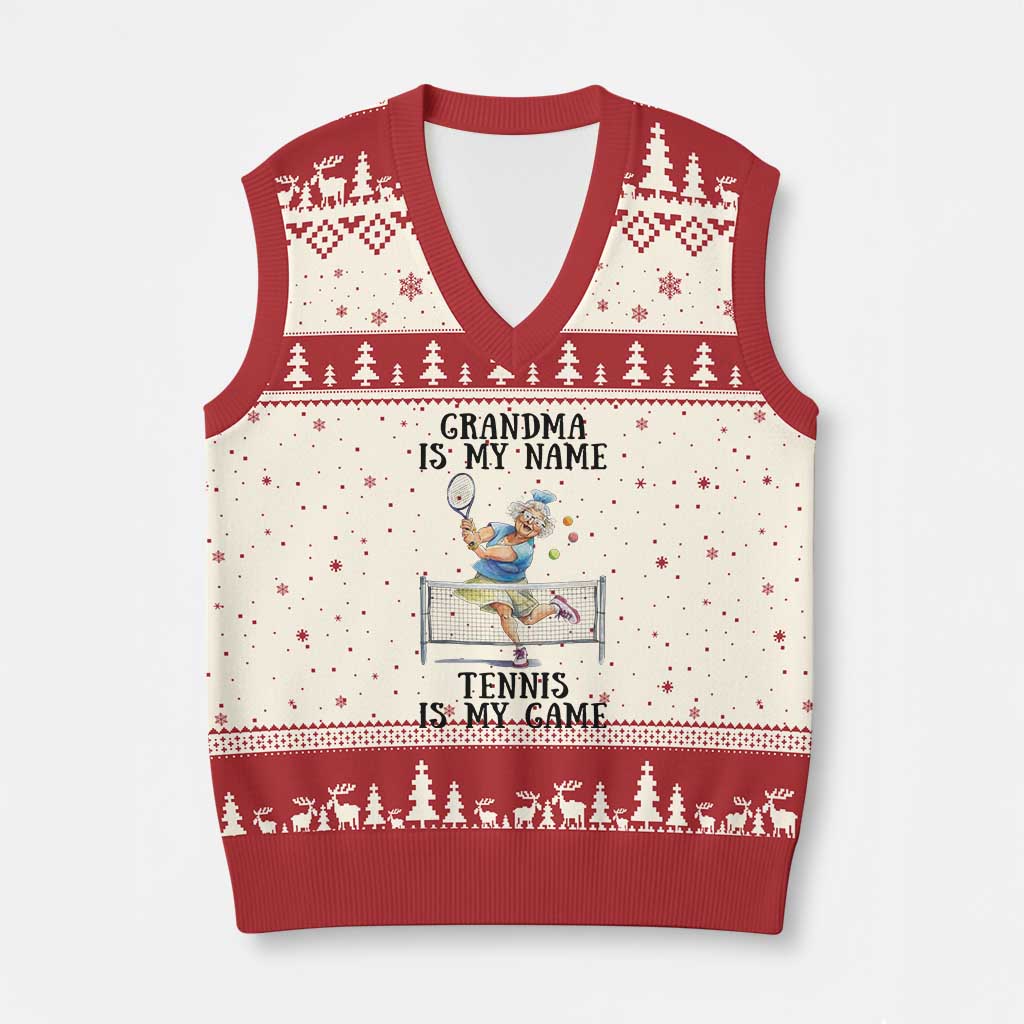 Funny Tennis Quote V-Neck Knit Sweater Vest Grandma Is My Name Tennis Is My Game TS12 Beige Red Print Your Wear