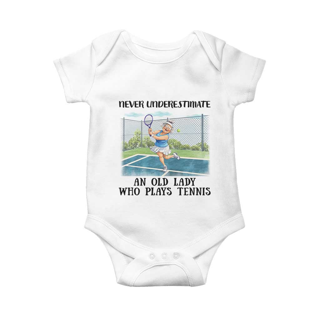 Funny Grandma Tennis Player Gift Baby Onesie Never Underestimate An Old Lady TS12 White Print Your Wear