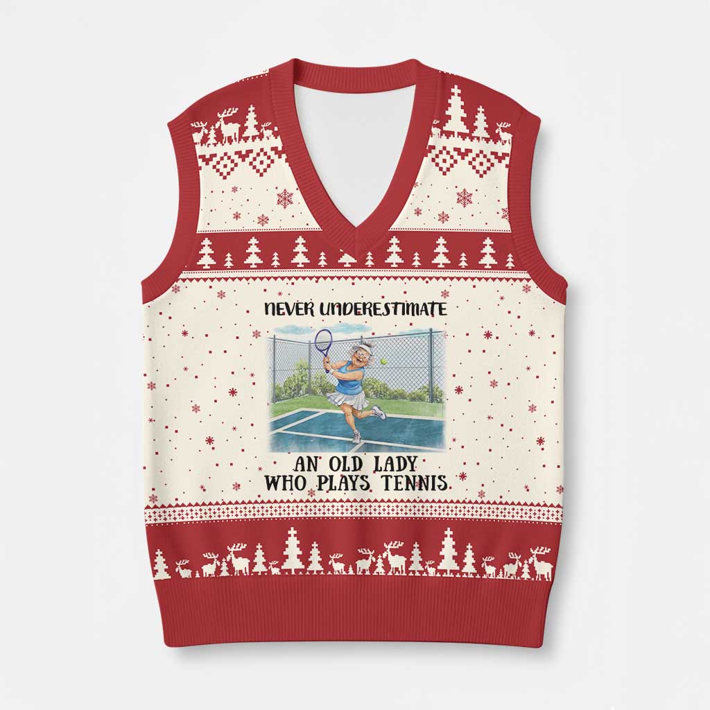 Funny Grandma Tennis Player Gift V-Neck Knit Sweater Vest Never Underestimate An Old Lady TS12 Beige Red Print Your Wear