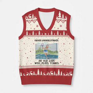 Funny Grandma Tennis Player Gift V-Neck Knit Sweater Vest Never Underestimate An Old Lady TS12 Beige Red Print Your Wear
