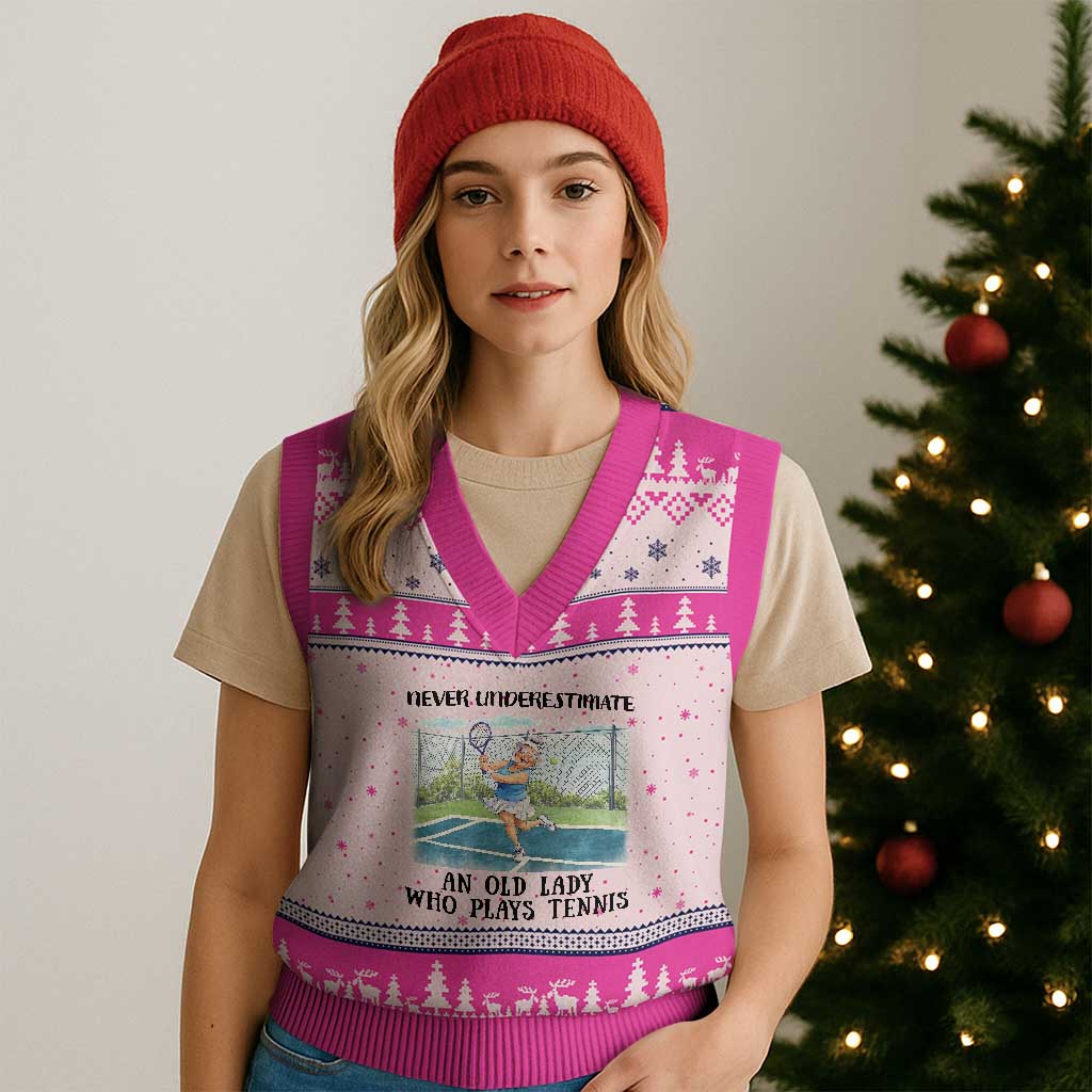 Funny Grandma Tennis Player Gift V-Neck Knit Sweater Vest Never Underestimate An Old Lady TS12 Hot Pink Print Your Wear