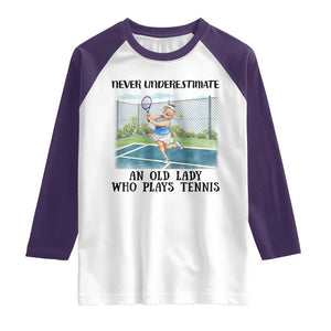 Funny Grandma Tennis Player Gift Raglan Shirt Never Underestimate An Old Lady TS12 White Purple Print Your Wear