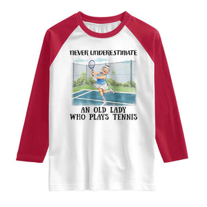 Funny Grandma Tennis Player Gift Raglan Shirt Never Underestimate An Old Lady TS12 White Red Print Your Wear