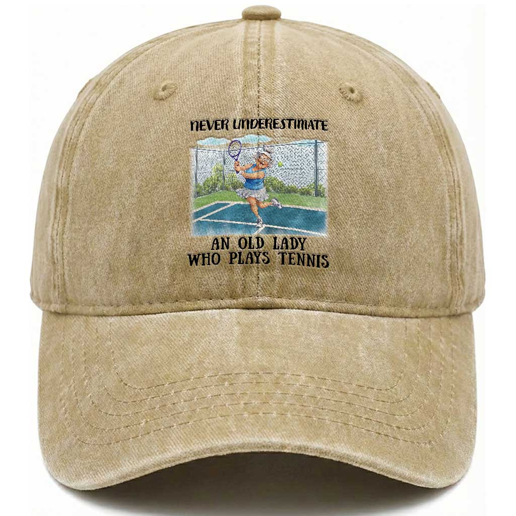 Funny Grandma Tennis Player Gift Washed Cotton Baseball Cap Never Underestimate An Old Lady TS12 Print Your Wear