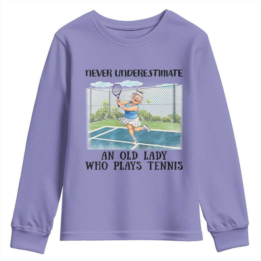 Funny Grandma Tennis Player Gift Youth Sweatshirt Never Underestimate An Old Lady TS12 Violet Print Your Wear