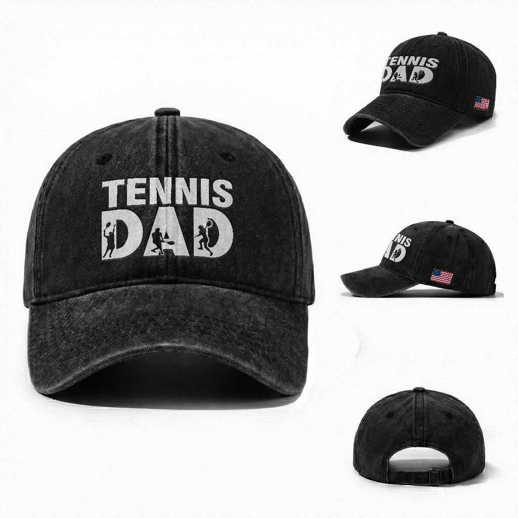 Funny Tennis Dad Life Washed Cotton Baseball Cap Tennis Player Gift TS12 Washed Cap Universal Fit Black Print Your Wear