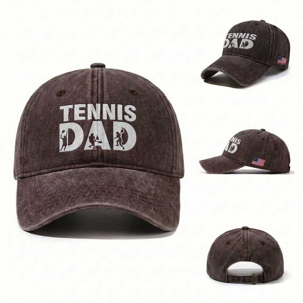 Funny Tennis Dad Life Washed Cotton Baseball Cap Tennis Player Gift TS12 Washed Cap Universal Fit Dark Brown Print Your Wear