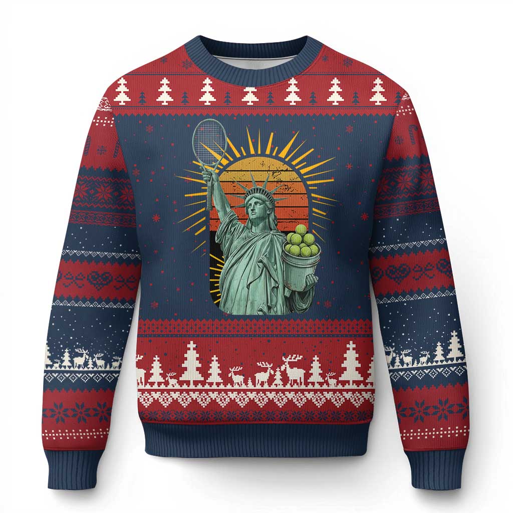 Funny Statue Of Liberty Tennis Player Ugly Christmas Sweater Patriotic Sports Lover TS12 Navy Red Print Your Wear