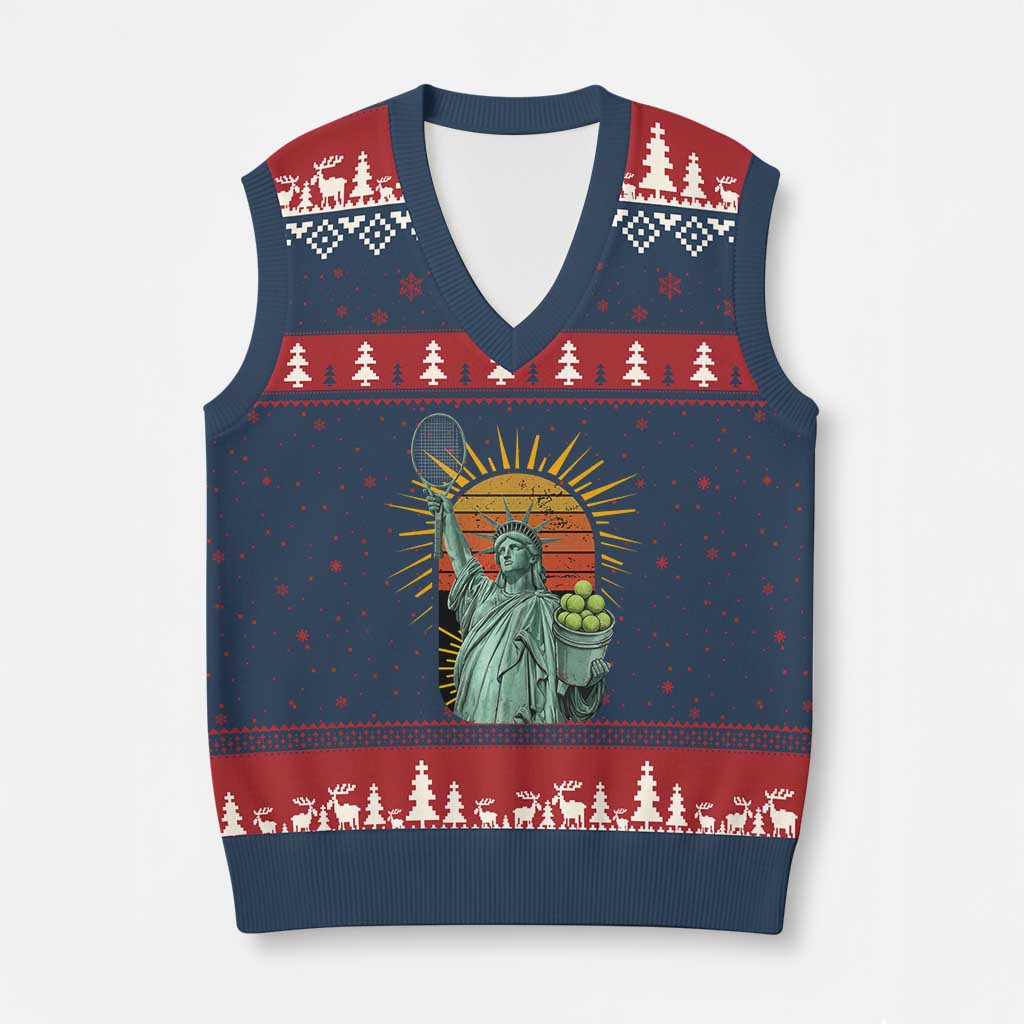 Funny Statue Of Liberty Tennis Player V-Neck Knit Sweater Vest Patriotic Sports Lover TS12 Navy Red Print Your Wear