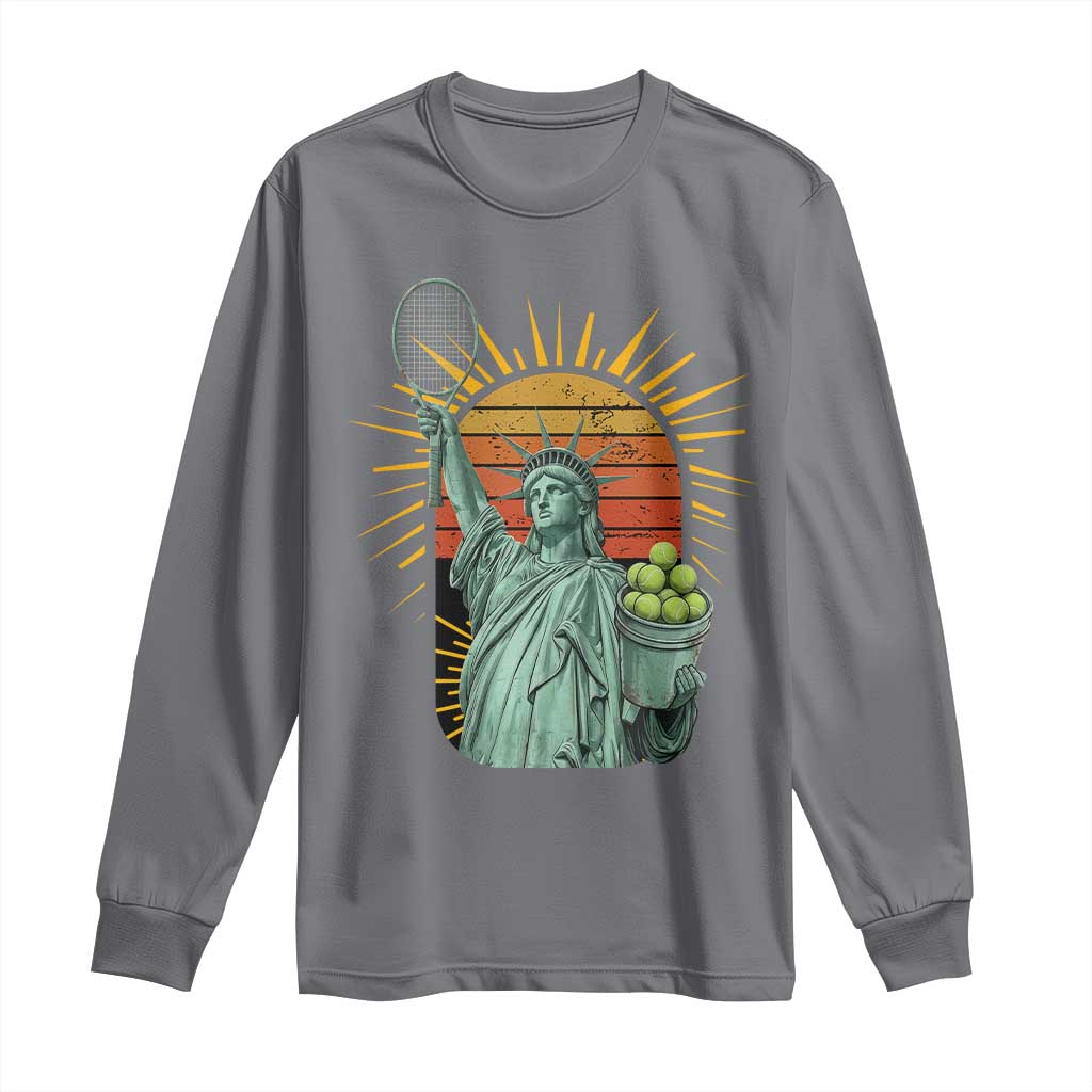 Funny Statue Of Liberty Tennis Player Long Sleeve Shirt Patriotic Sports Lover TS12 Charcoal Print Your Wear