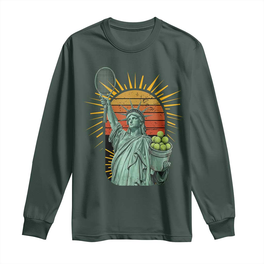 Funny Statue Of Liberty Tennis Player Long Sleeve Shirt Patriotic Sports Lover TS12 Dark Forest Green Print Your Wear