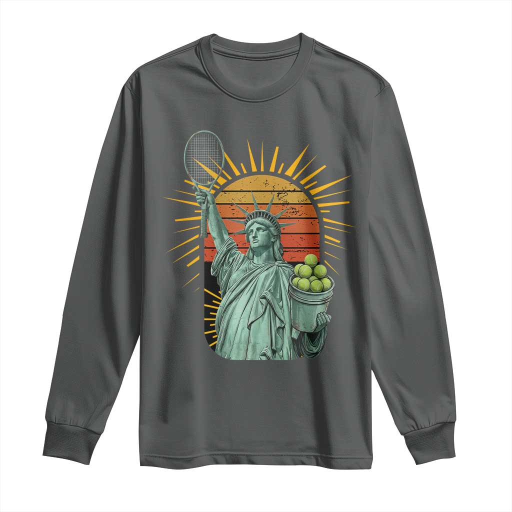 Funny Statue Of Liberty Tennis Player Long Sleeve Shirt Patriotic Sports Lover TS12 Dark Heather Print Your Wear