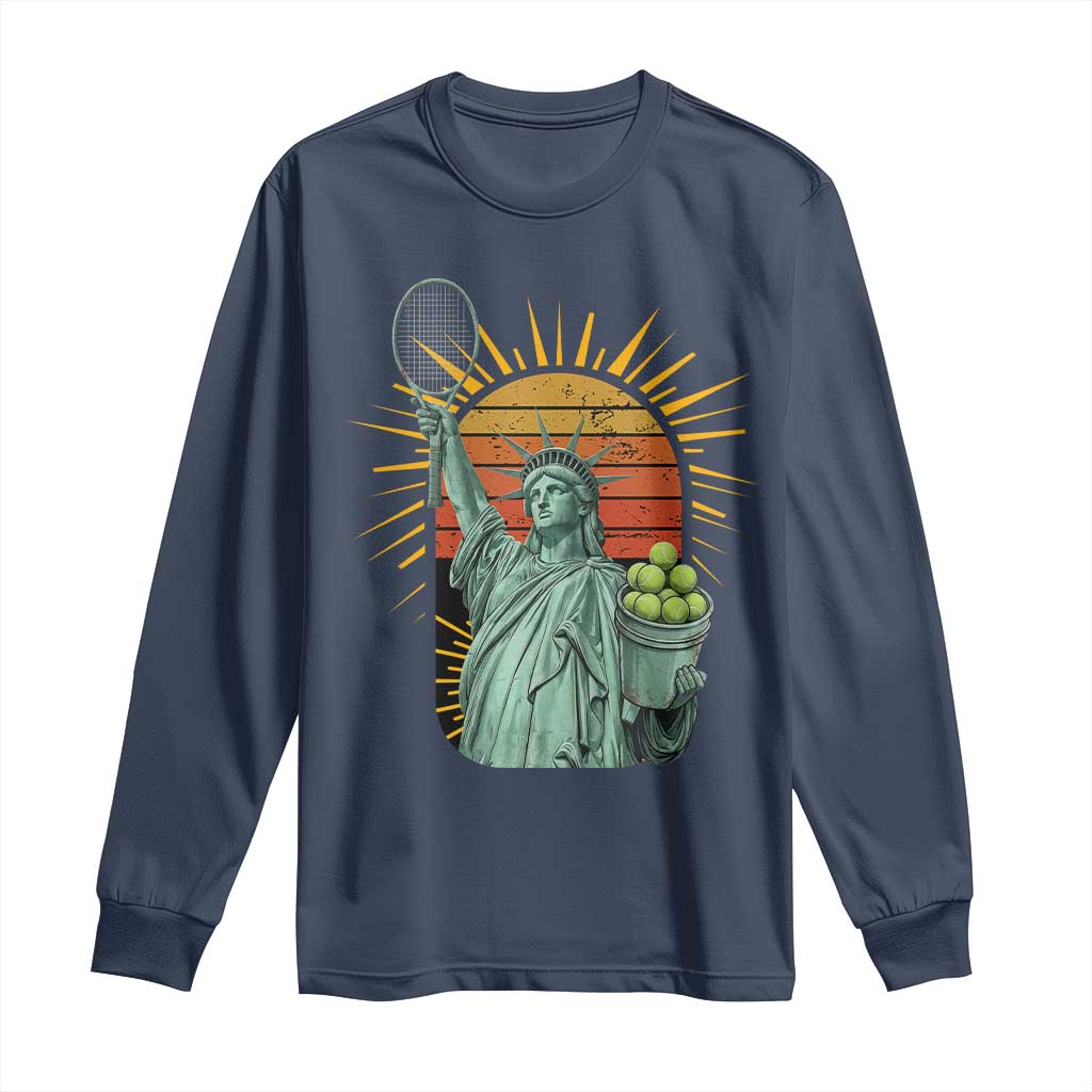 Funny Statue Of Liberty Tennis Player Long Sleeve Shirt Patriotic Sports Lover TS12 Navy Print Your Wear
