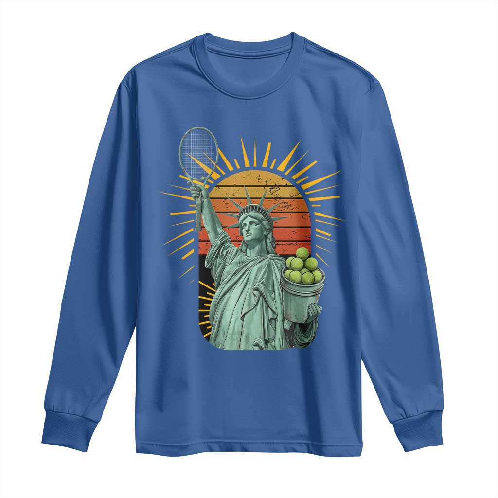 Funny Statue Of Liberty Tennis Player Long Sleeve Shirt Patriotic Sports Lover TS12 Royal Blue Print Your Wear
