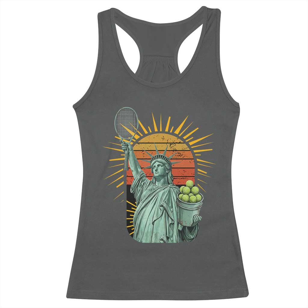 Funny Statue Of Liberty Tennis Player Racerback Tank Top Patriotic Sports Lover TS12 Dark Heather Print Your Wear
