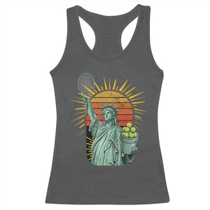 Funny Statue Of Liberty Tennis Player Racerback Tank Top Patriotic Sports Lover TS12 Dark Heather Print Your Wear