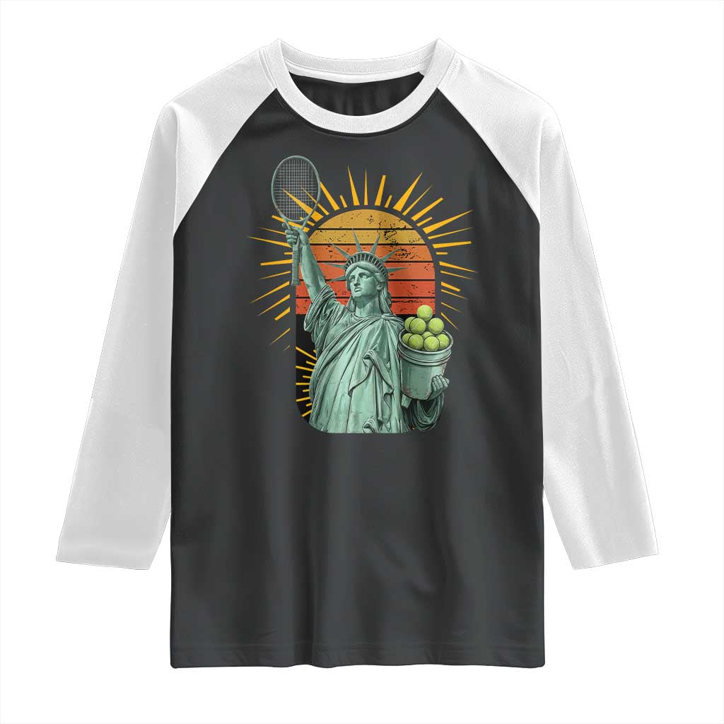 Funny Statue Of Liberty Tennis Player Raglan Shirt Patriotic Sports Lover TS12 Black White Print Your Wear