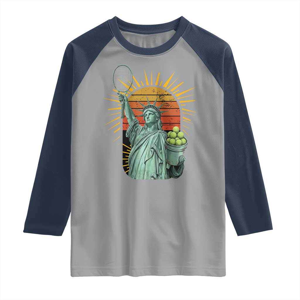 Funny Statue Of Liberty Tennis Player Raglan Shirt Patriotic Sports Lover TS12 Sport Gray Navy Print Your Wear