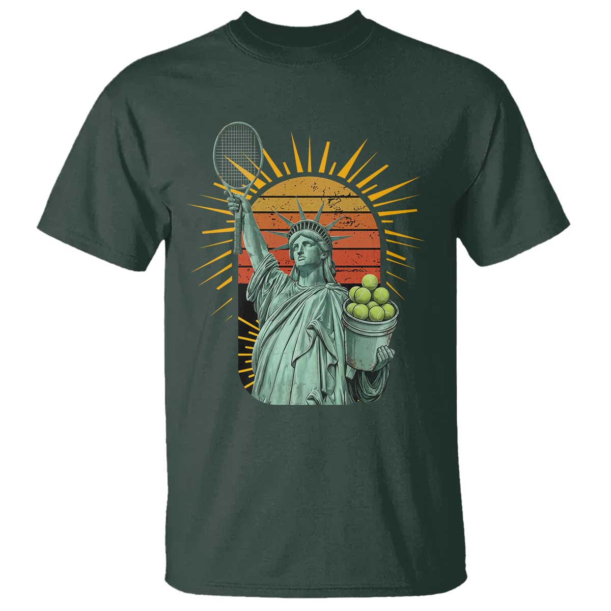 Funny Statue Of Liberty Tennis Player T Shirt Patriotic Sports Lover TS12 Dark Forest Green Print Your Wear