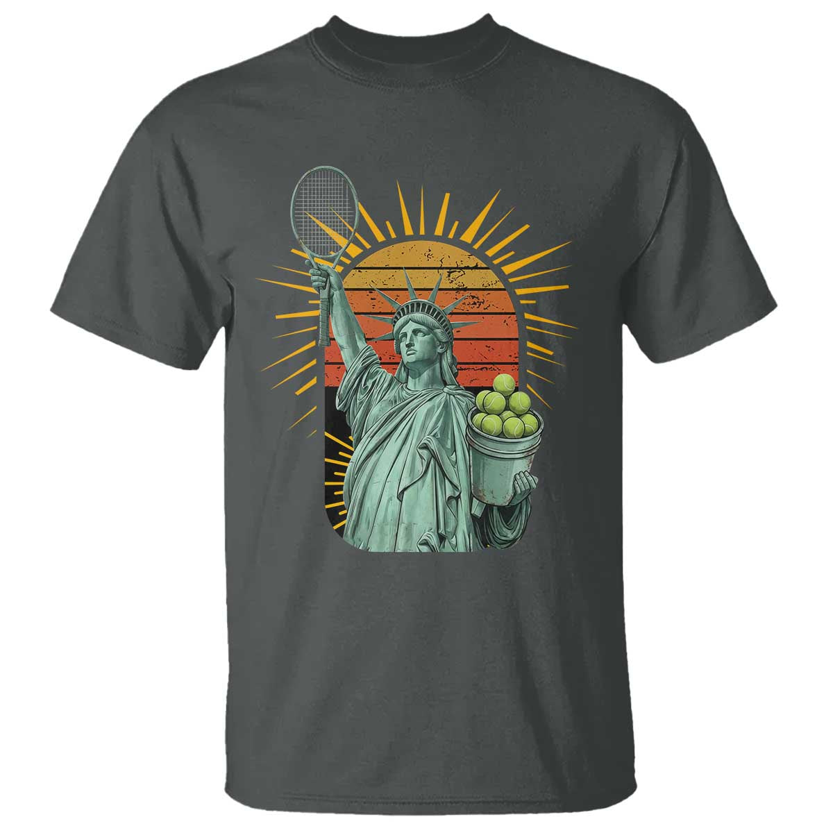 Funny Statue Of Liberty Tennis Player T Shirt Patriotic Sports Lover TS12 Dark Heather Print Your Wear