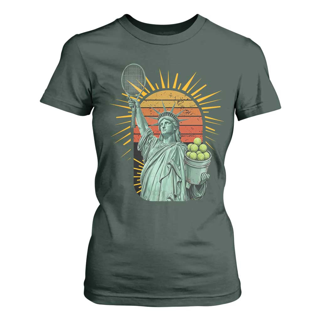 Funny Statue Of Liberty Tennis Player T Shirt For Women Patriotic Sports Lover TS12 Dark Forest Green Print Your Wear