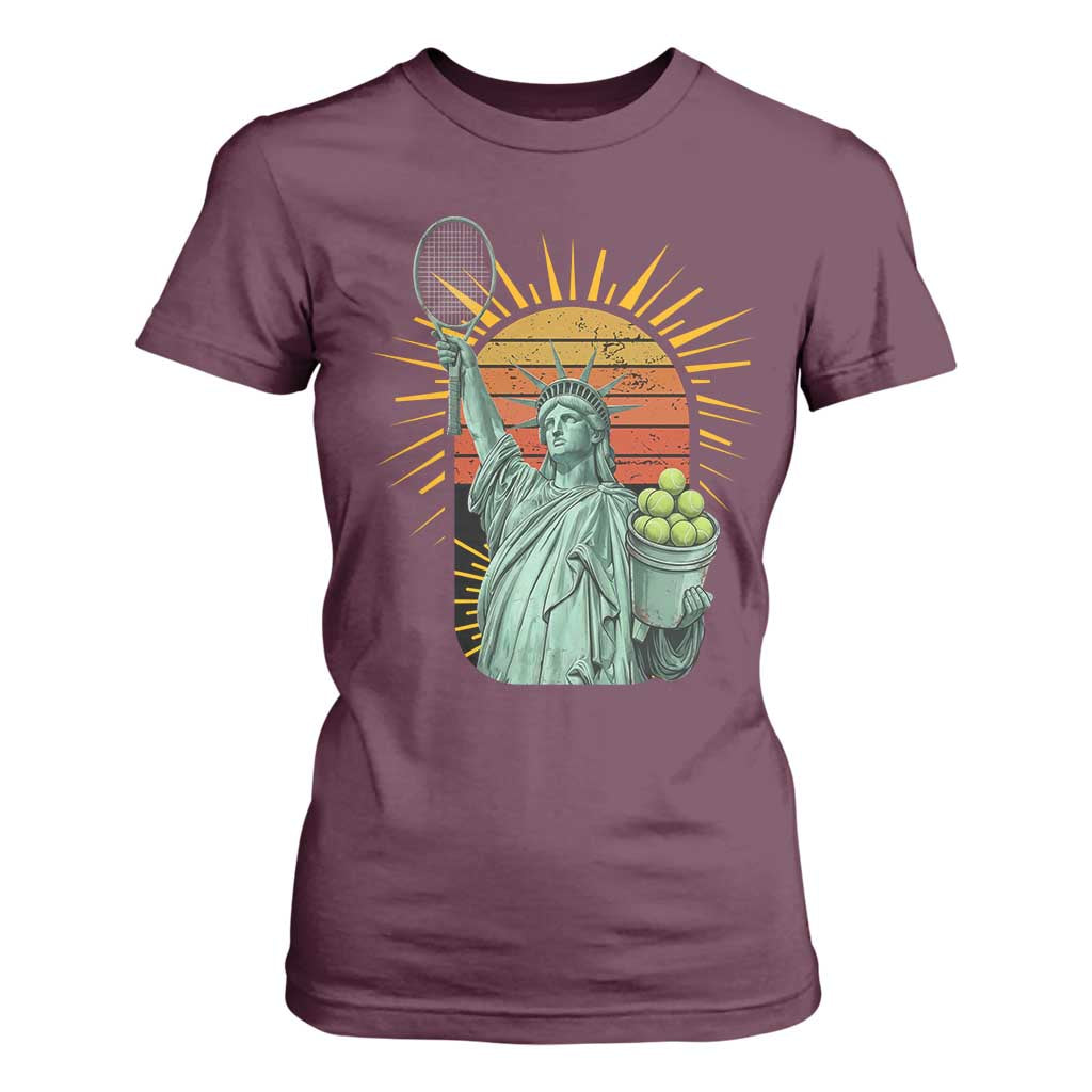 Funny Statue Of Liberty Tennis Player T Shirt For Women Patriotic Sports Lover TS12 Maroon Print Your Wear
