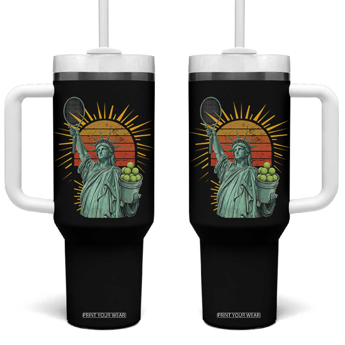 Funny Statue Of Liberty Tennis Player Tumbler With Handle Patriotic Sports Lover TS12 One Size: 40 oz Black Print Your Wear