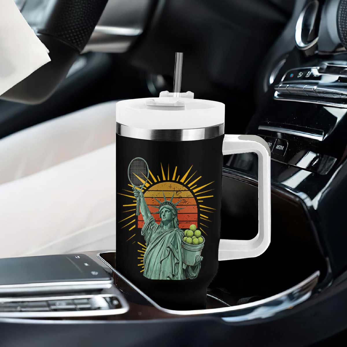 Funny Statue Of Liberty Tennis Player Tumbler With Handle Patriotic Sports Lover TS12 Print Your Wear