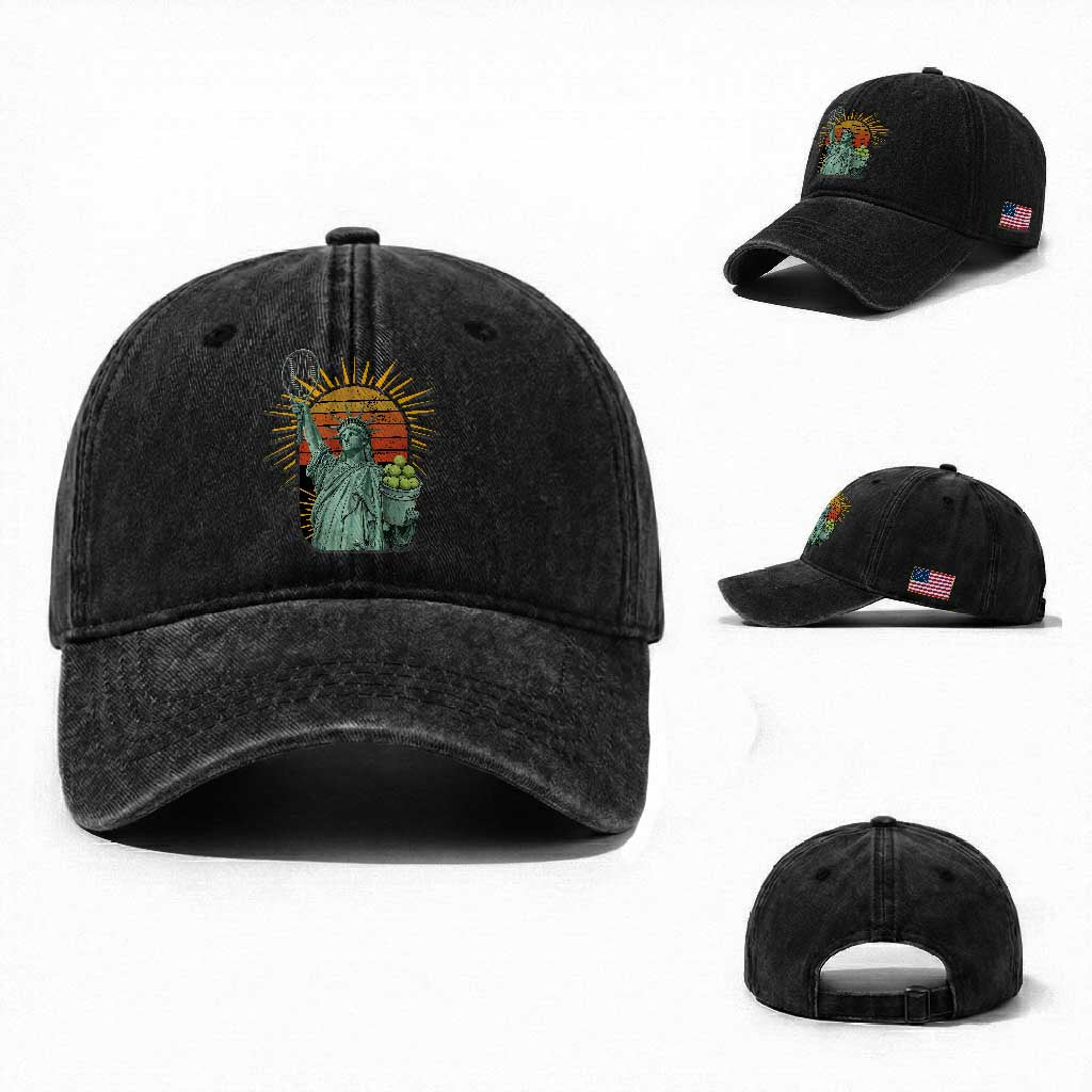 Funny Statue Of Liberty Tennis Player Washed Cotton Baseball Cap Patriotic Sports Lover TS12 Washed Cap Universal Fit Black Print Your Wear