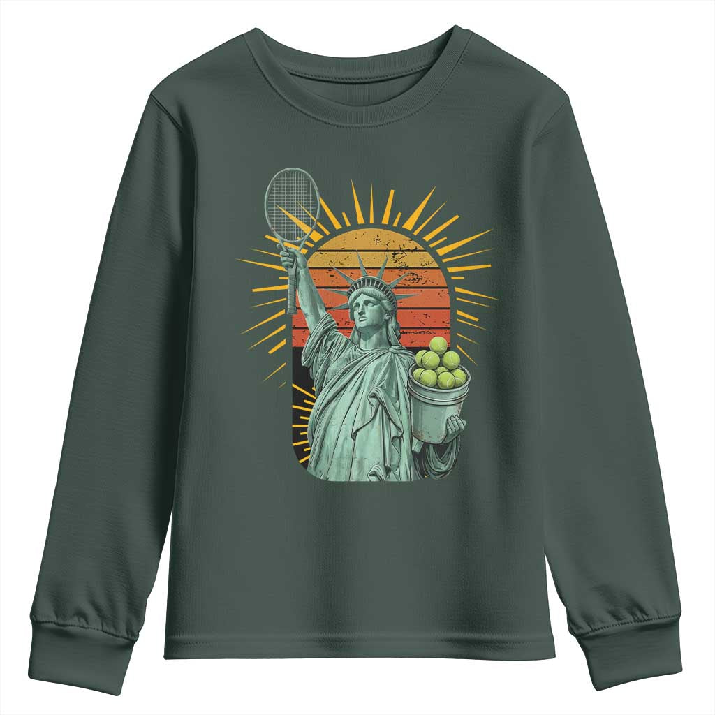 Funny Statue Of Liberty Tennis Player Youth Sweatshirt Patriotic Sports Lover TS12 Dark Forest Green Print Your Wear