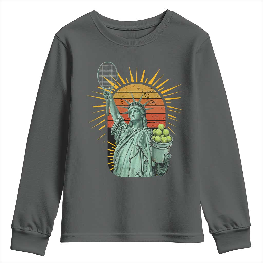 Funny Statue Of Liberty Tennis Player Youth Sweatshirt Patriotic Sports Lover TS12 Dark Heather Print Your Wear