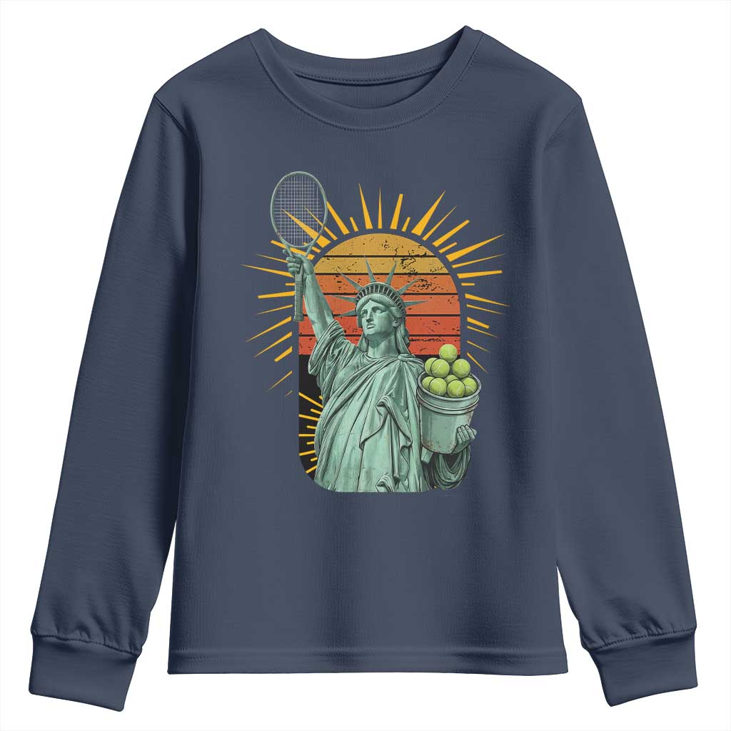 Funny Statue Of Liberty Tennis Player Youth Sweatshirt Patriotic Sports Lover TS12 Navy Print Your Wear