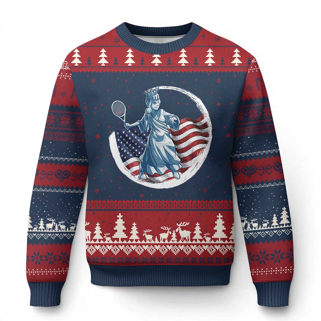 Funny Statue Of Liberty Tennis Player Ugly Christmas Sweater USA Pride Female Tennis Gift TS12 Navy Red Print Your Wear