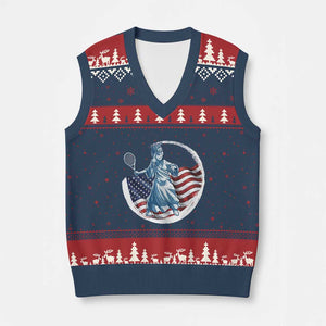 Funny Statue Of Liberty Tennis Player V-Neck Knit Sweater Vest USA Pride Female Tennis Gift TS12 Navy Red Print Your Wear