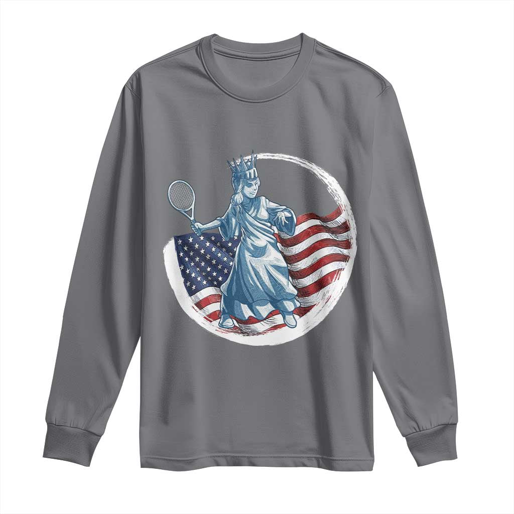 Funny Statue Of Liberty Tennis Player Long Sleeve Shirt USA Pride Female Tennis Gift TS12 Charcoal Print Your Wear