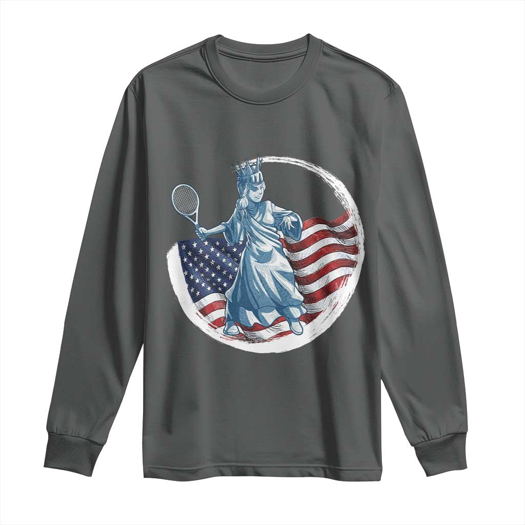 Funny Statue Of Liberty Tennis Player Long Sleeve Shirt USA Pride Female Tennis Gift TS12 Dark Heather Print Your Wear