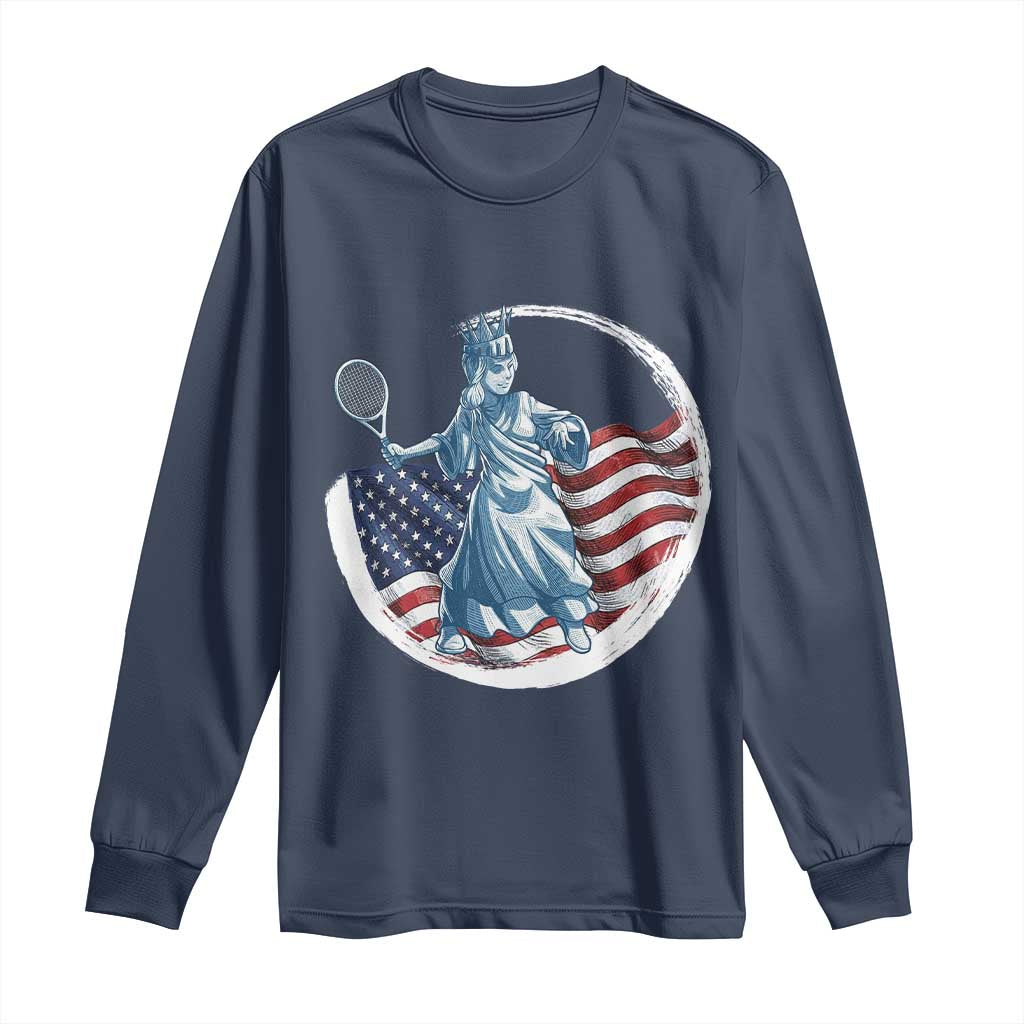 Funny Statue Of Liberty Tennis Player Long Sleeve Shirt USA Pride Female Tennis Gift TS12 Navy Print Your Wear